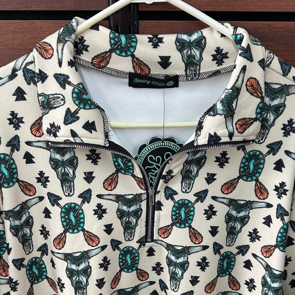 Sterling Kreek Thread Beige Western Skull Print Quarter Zip - Picture 3 of 6